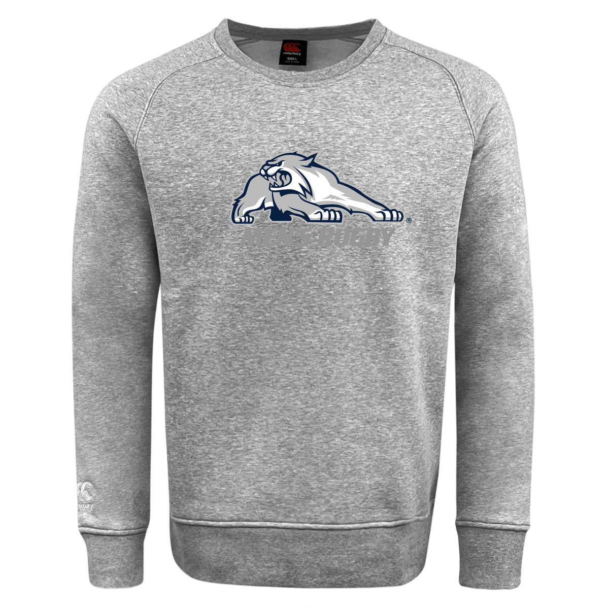 Gray University of New Hampshire Club Crew Sweatshirt by Canterbury featuring a graphic of a crouching wildcat above the text “UNH RUGBY.”