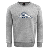 Gray University of New Hampshire Club Crew Sweatshirt by Canterbury featuring a graphic of a crouching wildcat above the text “UNH RUGBY.”