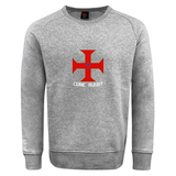 Introducing the SF CDME Rugby Club Crew Sweatshirt by WRS Canterbury—a gray, ultra-soft sweatshirt showcasing a bold red cross design on the front, with "COME RUGBY" printed just below it. Finished with an embroidered CCC logo, this piece combines classic rugby heritage style and ultimate comfort.