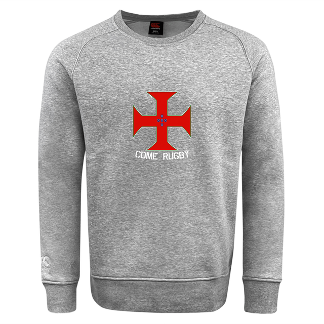 Introducing the SF CDME Rugby Club Crew Sweatshirt by WRS Canterbury—a gray, ultra-soft sweatshirt showcasing a bold red cross design on the front, with "COME RUGBY" printed just below it. Finished with an embroidered CCC logo, this piece combines classic rugby heritage style and ultimate comfort.