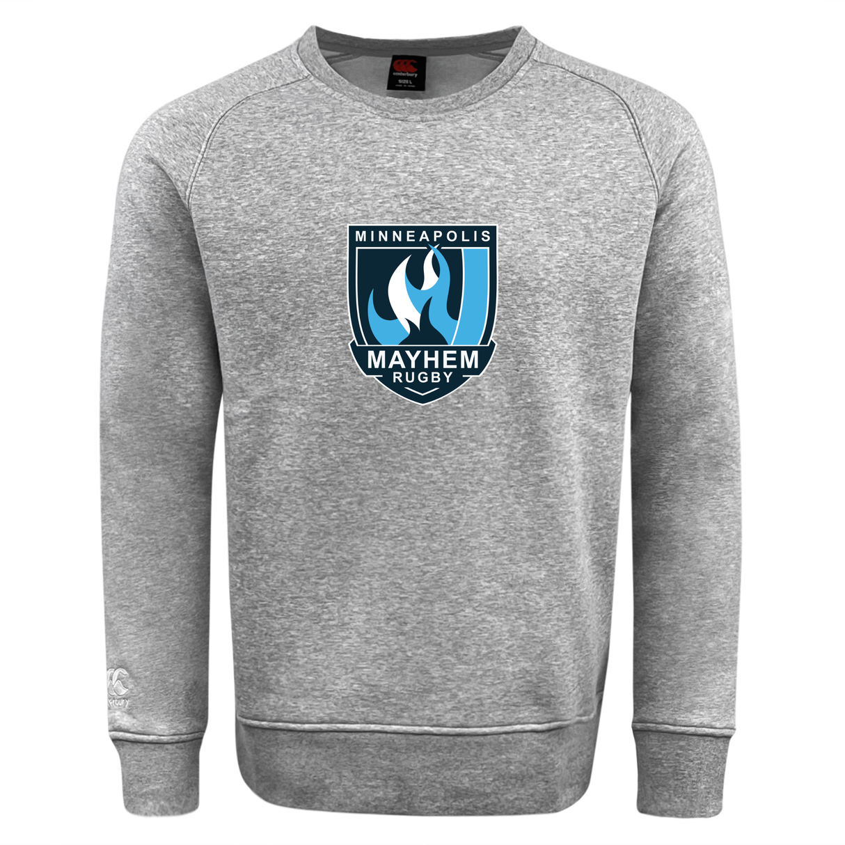 The Minneapolis Mayhem Rugby Club Crew Sweatshirt by Canterbury features the team logo in blue, white, and black on the front center. Made by WRS Canterbury, this ultra-soft gray sweatshirt includes an embroidered CCC logo, providing both comfort and classic rugby style.