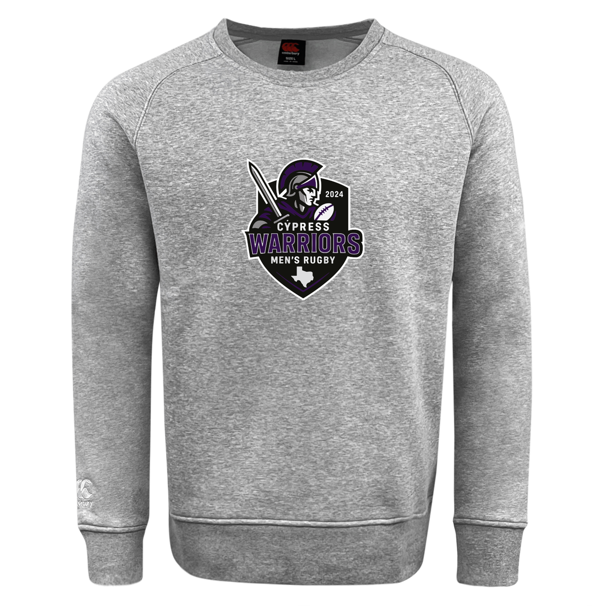 The Cypress Warriors Men's Rugby Club Crew Sweatshirt by WRS Canterbury features a 2024 Spartan helmet, sword, and shield logo on the front. Ultra-soft with an embroidered CCC logo for stylish comfort.