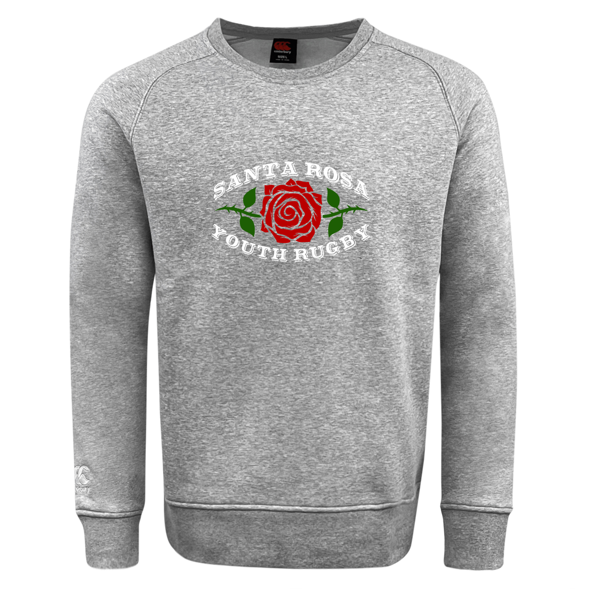 Santa Rosa Youth Rugby Club Crew Sweatshirt by WRS Canterbury in gray ultra soft fabric, featuring “Santa Rosa Youth Rugby” and a red rose graphic printed on the front, along with an embroidered CCC logo for signature classic Canterbury style.