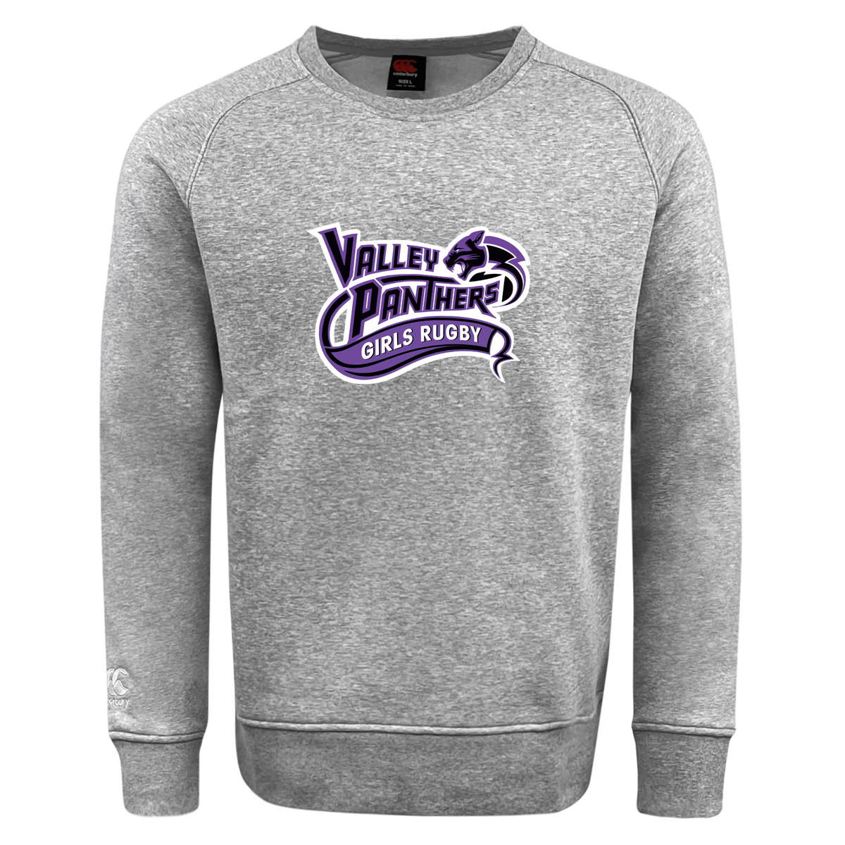 The Valley Panthers Girls Rugby Club Crew Sweatshirt by Canterbury from WRS Canterbury is an ultra-soft gray sweatshirt featuring a purple “Valley Panthers Girls Rugby” logo with a panther graphic on the chest. It also includes an embroidered CCC logo, adding a classic, high-quality touch.