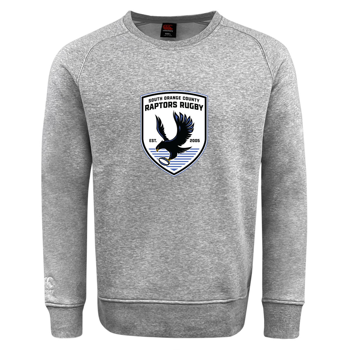 Introducing the South Orange County Raptors Club Crew Sweatshirt by Canterbury, an ultra-soft gray sweatshirt from WRS Canterbury. Featuring a bold “South Orange County Raptors Rugby” front logo with an eagle and rugby ball, commemorating the team’s establishment in 2005, it also boasts an embroidered CCC logo for added style and authentic detail.
