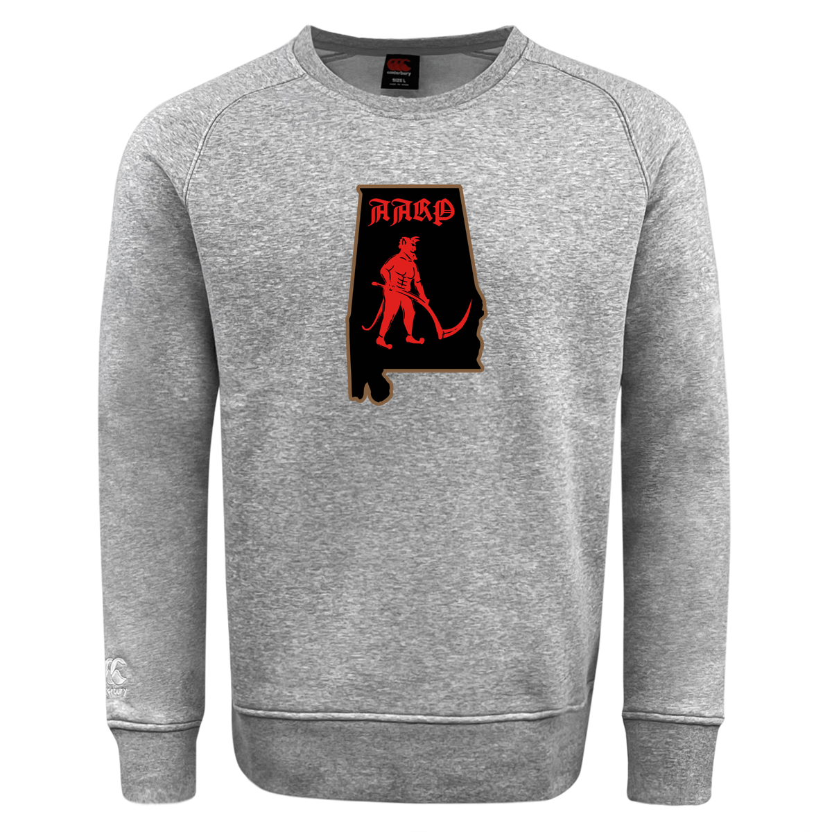 Grey Aging Alabama Rugby Players Club Crew Sweatshirt by Canterbury featuring a graphic of the state of Alabama with a red devil figure holding a scythe and the text “HARD” above it.