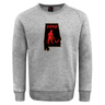 Grey Aging Alabama Rugby Players Club Crew Sweatshirt by Canterbury featuring a graphic of the state of Alabama with a red devil figure holding a scythe and the text “HARD” above it.