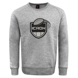 Grey ICRON Club Crew Sweatshirt by Canterbury featuring a black and white shield emblem with a rugby ball and the text “ICRON” on the chest.