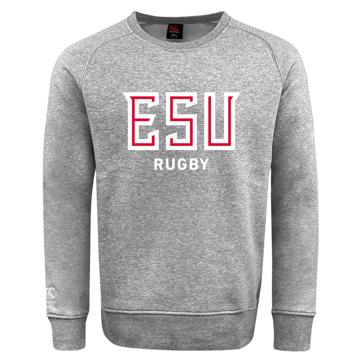 The East Stroudsburg University Club Crew Sweatshirt by WRS Canterbury is a gray, ultra-soft sweatshirt featuring "ESU RUGBY" in red and white block letters on the front—ideal for both comfort and style.