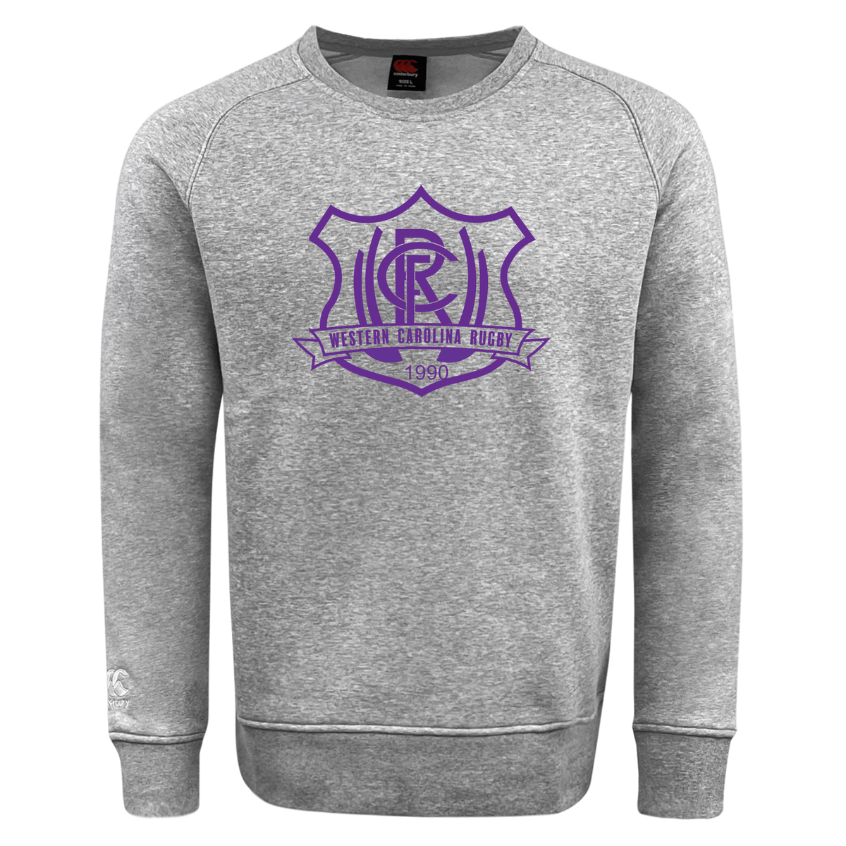 Ultra soft grey Western Carolina University Club Crew Sweatshirt by Canterbury featuring an embroidered purple Western Carolina Rugby emblem on the chest.