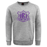 Ultra soft grey Western Carolina University Club Crew Sweatshirt by Canterbury featuring an embroidered purple Western Carolina Rugby emblem on the chest.