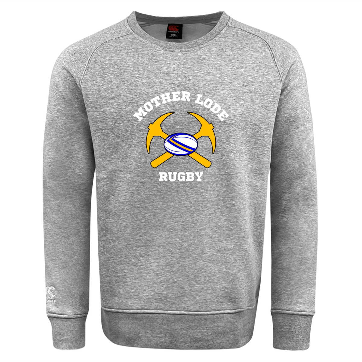 Ultra soft grey Mother Lode Club Crew Sweatshirt by Canterbury featuring a graphic of two crossed pickaxes and a rugby ball with the text “MOTHER LODE RUGBY.”