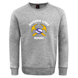 Ultra soft grey Mother Lode Club Crew Sweatshirt by Canterbury featuring a graphic of two crossed pickaxes and a rugby ball with the text “MOTHER LODE RUGBY.”