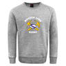Ultra soft grey Mother Lode Club Crew Sweatshirt by Canterbury featuring a graphic of two crossed pickaxes and a rugby ball with the text “MOTHER LODE RUGBY.”