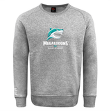 The NC Rugby Academy - Megalodons Club Crew Sweatshirt by WRS Canterbury is a heather gray crew featuring ultra soft fabric, a shark logo and "Megalodons Rugby Academy" print on the front, plus an embroidered CCC logo for classic style.
