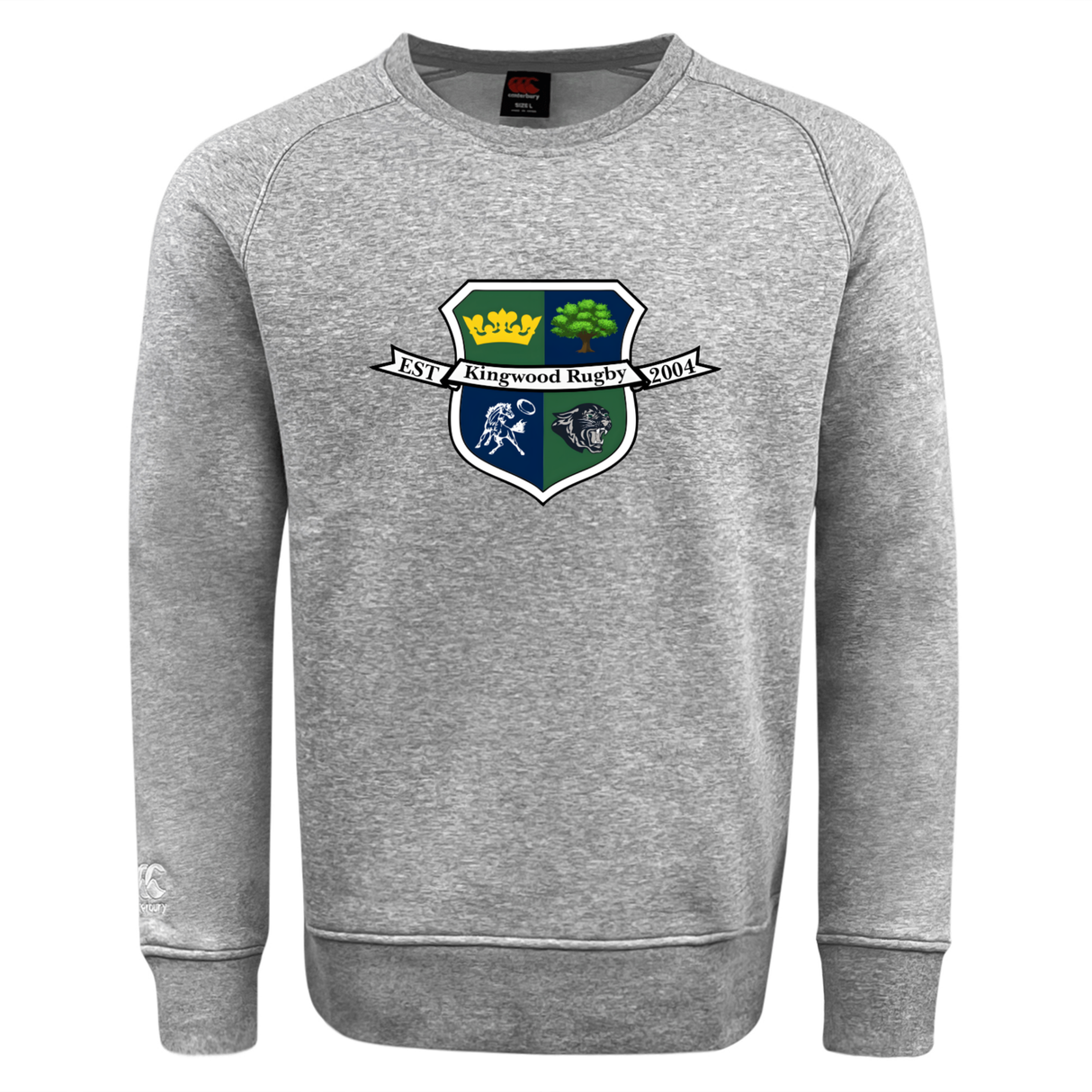 The Kingwood Rugby Club Crew Sweatshirt by WRS Canterbury is an ultra-soft grey sweatshirt featuring a "Kingwood Rugby" crest with crown, tree, player, ball, and "EST 2004", plus an embroidered CCC logo.