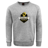The Chicago Riot Club Crew Sweatshirt by Canterbury, from WRS Canterbury, is ultra soft and gray with an embroidered "Chicago Riot Rugby Football Club" logo featuring a yellow fist and black shield on the front.