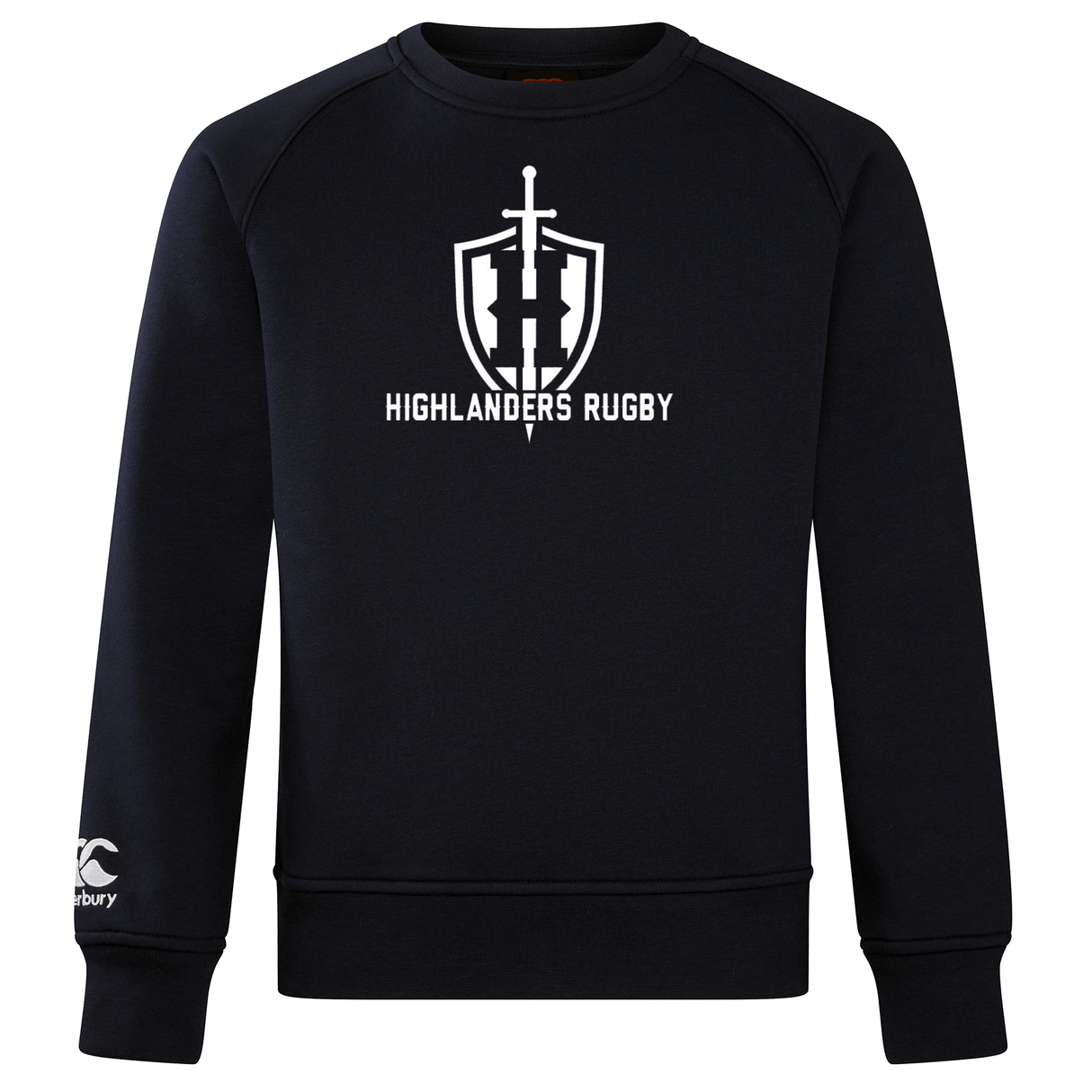 A black Highlanders Rugby NC Club Crew Sweatshirt by WRS Canterbury, featuring the "Highlanders Rugby" logo with a sword and shield on the chest and a small embroidered CCC logo on the left sleeve.