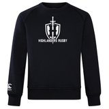 A black Highlanders Rugby NC Club Crew Sweatshirt by WRS Canterbury, featuring the "Highlanders Rugby" logo with a sword and shield on the chest and a small embroidered CCC logo on the left sleeve.