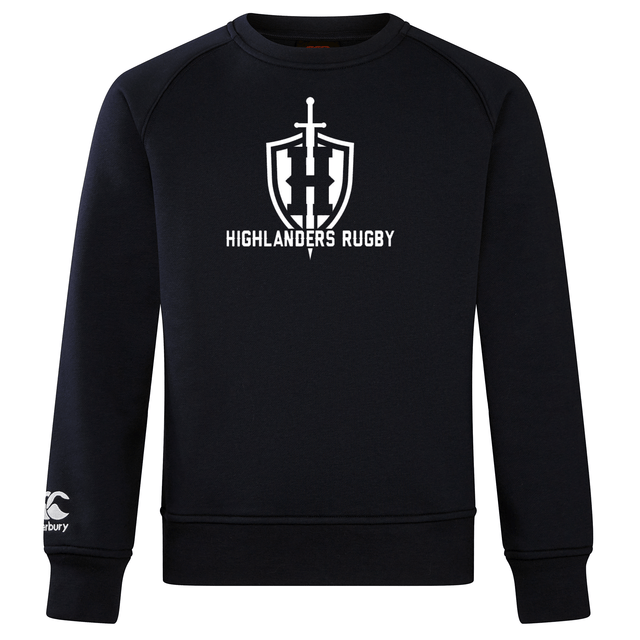 A black Highlanders Rugby NC Club Crew Sweatshirt by WRS Canterbury, featuring the "Highlanders Rugby" logo with a sword and shield on the chest and a small embroidered CCC logo on the left sleeve.