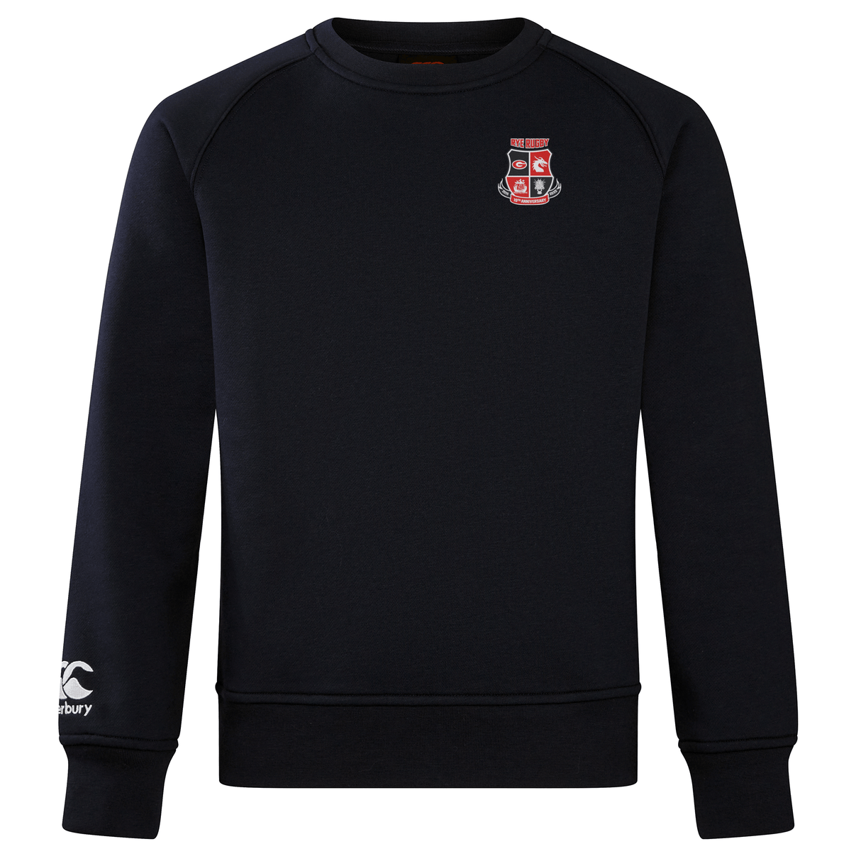 The Rye High School 10 Year Club Crew Sweatshirt by EMB Canterbury is made from ultra-soft fabric, showcasing a distinctive crest on the chest and an embroidered CCC logo on the sleeve.