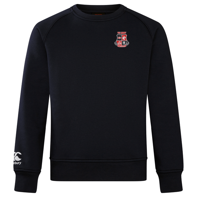 The Rye High School 10 Year Club Crew Sweatshirt by EMB Canterbury is made from ultra-soft fabric, showcasing a distinctive crest on the chest and an embroidered CCC logo on the sleeve.