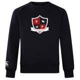 The navy Southern Pines Youth Rugby Club Crew Sweatshirt by WRS Canterbury features an "SP" crest with a rugby ball, "Southern Pines Youth Rugby," an embroidered CCC logo, and a white sleeve logo.