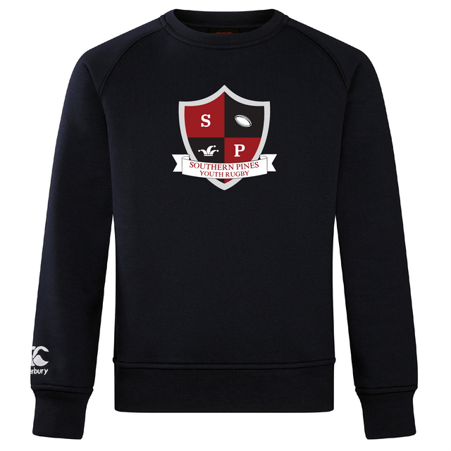 The navy Southern Pines Youth Rugby Club Crew Sweatshirt by WRS Canterbury features an "SP" crest with a rugby ball, "Southern Pines Youth Rugby," an embroidered CCC logo, and a white sleeve logo.