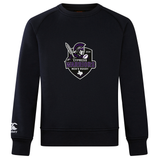 The Cypress Warriors Men's Rugby Club Crew Sweatshirt by WRS Canterbury features an ultra-soft black design, the 2024 team logo on the chest, and an embroidered CCC logo on the left sleeve.