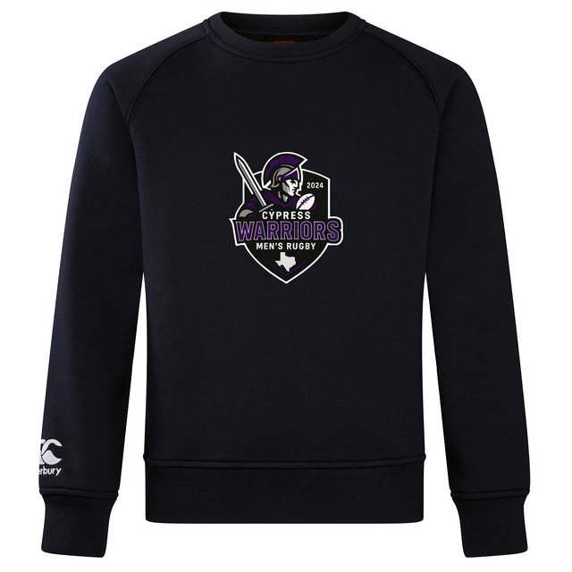 The Cypress Warriors Men's Rugby Club Crew Sweatshirt by WRS Canterbury features an ultra-soft black design, the 2024 team logo on the chest, and an embroidered CCC logo on the left sleeve.