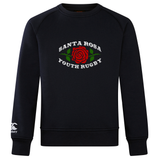 Introducing the Santa Rosa Youth Rugby Club Crew Sweatshirt by WRS Canterbury—a navy blue crewneck featuring “Santa Rosa Youth Rugby” and a red rose graphic on the front, with the iconic embroidered CCC logo on the left sleeve. This ultra-soft sweatshirt blends comfort with classic rugby style.