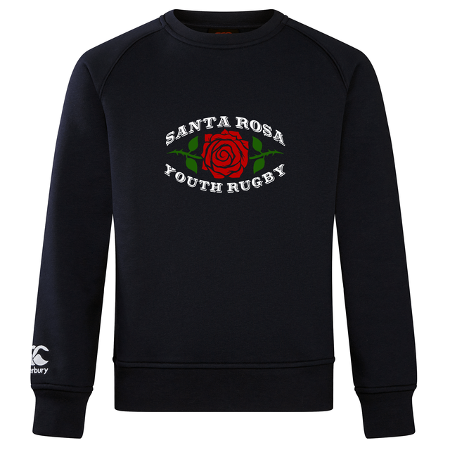 Introducing the Santa Rosa Youth Rugby Club Crew Sweatshirt by WRS Canterbury—a navy blue crewneck featuring “Santa Rosa Youth Rugby” and a red rose graphic on the front, with the iconic embroidered CCC logo on the left sleeve. This ultra-soft sweatshirt blends comfort with classic rugby style.
