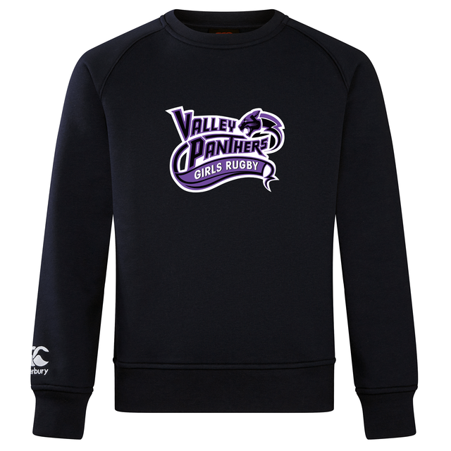 The Valley Panthers Girls Rugby Club Crew Sweatshirt by Canterbury, from WRS Canterbury, features the “Valley Panthers Girls Rugby” logo in purple and white on the chest and an embroidered CCC logo on the left sleeve. This ultra-soft sweatshirt offers a comfortable and stylish way to show off your team pride.