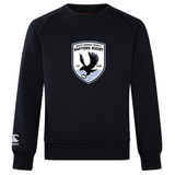 Introducing the South Orange County Raptors Club Crew Sweatshirt by Canterbury—a black crewneck from WRS Canterbury featuring an ultra-soft fabric and a “South Orange County Raptors Rugby” crest with a flying raptor, rugby ball, and “Est. 2005” on the front. Classic style meets comfort with an embroidered CCC logo on the left sleeve.