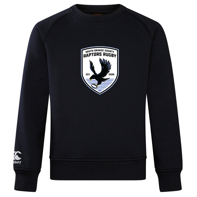 Introducing the South Orange County Raptors Club Crew Sweatshirt by Canterbury—a black crewneck from WRS Canterbury featuring an ultra-soft fabric and a “South Orange County Raptors Rugby” crest with a flying raptor, rugby ball, and “Est. 2005” on the front. Classic style meets comfort with an embroidered CCC logo on the left sleeve.