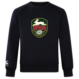 Introducing the RVA T.R.C. Club Crew Sweatshirt by Canterbury: a black ultra soft sweatshirt by WRS Canterbury, featuring a Richmond, VA rugby crest with a white rabbit, “RVA” text, and “TRC” below. The signature Canterbury Club Crew Sweatshirt logo is embroidered on the left sleeve.