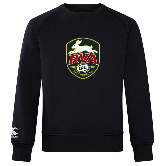 Introducing the RVA T.R.C. Club Crew Sweatshirt by Canterbury: a black ultra soft sweatshirt by WRS Canterbury, featuring a Richmond, VA rugby crest with a white rabbit, “RVA” text, and “TRC” below. The signature Canterbury Club Crew Sweatshirt logo is embroidered on the left sleeve.