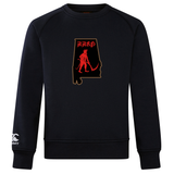 A black Aging Alabama Rugby Players Club Crew Sweatshirt by Canterbury featuring a graphic of the state of Alabama containing a red devil figure holding a scythe and the text “HARD.”.