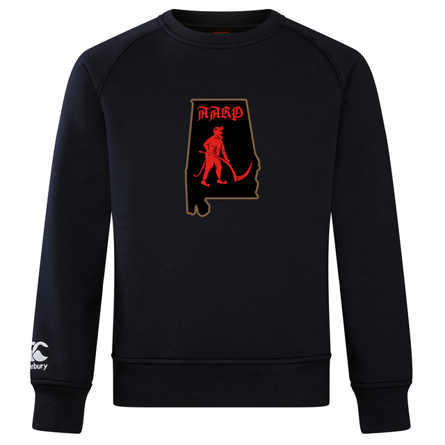 A black Aging Alabama Rugby Players Club Crew Sweatshirt by Canterbury featuring a graphic of the state of Alabama containing a red devil figure holding a scythe and the text “HARD.”.