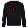 A black Aging Alabama Rugby Players Club Crew Sweatshirt by Canterbury featuring a graphic of the state of Alabama containing a red devil figure holding a scythe and the text “HARD.”.