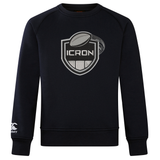 Navy blue ICRON Club Crew Sweatshirt by Canterbury featuring a long-sleeved crew neck and a central shield graphic with a rugby ball.