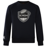 Navy blue ICRON Club Crew Sweatshirt by Canterbury featuring a long-sleeved crew neck and a central shield graphic with a rugby ball.