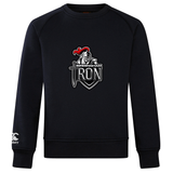 The Birmingham Iron Women's Football Club Crew Sweatshirt by WRS Canterbury features a black design with a knight helmet and sword logo on the chest, ultra-soft feel, and a small embroidered Canterbury logo on the sleeve.