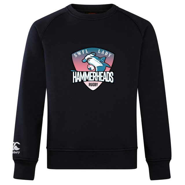 The SWFL Lady Hammerheads Club Crew Sweatshirt by WRS Canterbury is an ultra soft black sweatshirt with the team logo and stylized shark on the chest, plus an embroidered CCC logo on the left sleeve.