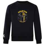 The Spartan Youth Rugby Club Crew Sweatshirt by WRS Canterbury features a Spartan helmet and "SPARTAN Youth Rugby" on the chest, plus an embroidered CCC logo on the left sleeve.