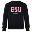 The East Stroudsburg University Club Crew Sweatshirt by WRS Canterbury is a black ultra soft sweatshirt featuring "ESU RUGBY" in bold white and red on the front and a small Canterbury logo on the left sleeve.