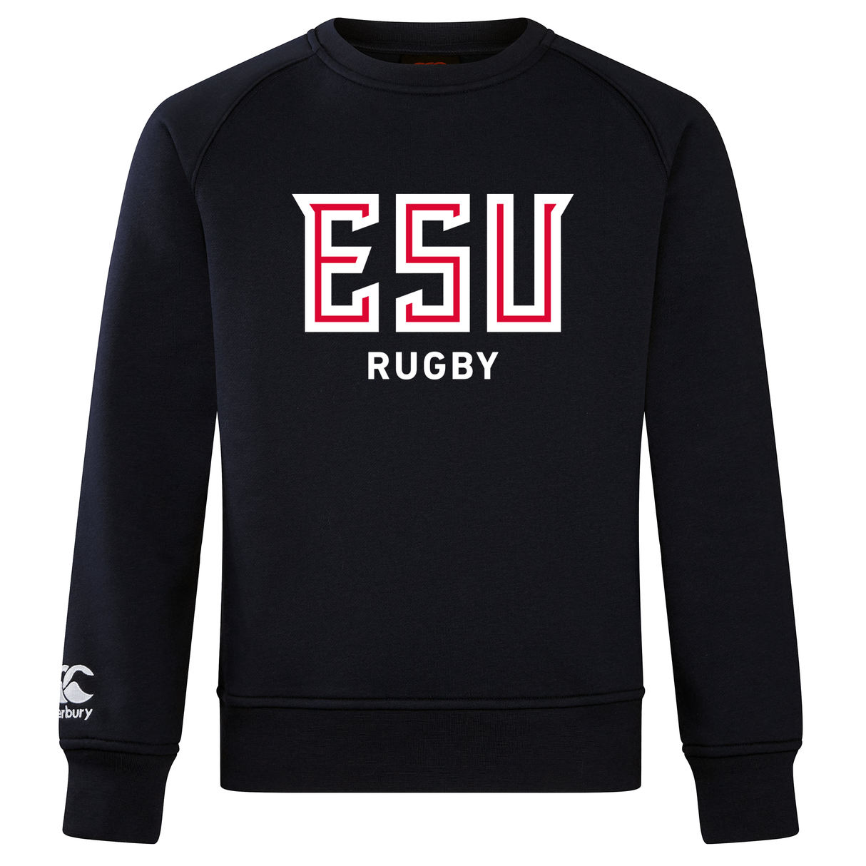 The East Stroudsburg University Club Crew Sweatshirt by WRS Canterbury is a black ultra soft sweatshirt featuring "ESU RUGBY" in bold white and red on the front and a small Canterbury logo on the left sleeve.