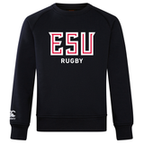 The East Stroudsburg University Club Crew Sweatshirt by WRS Canterbury is a black ultra soft sweatshirt featuring "ESU RUGBY" in bold white and red on the front and a small Canterbury logo on the left sleeve.