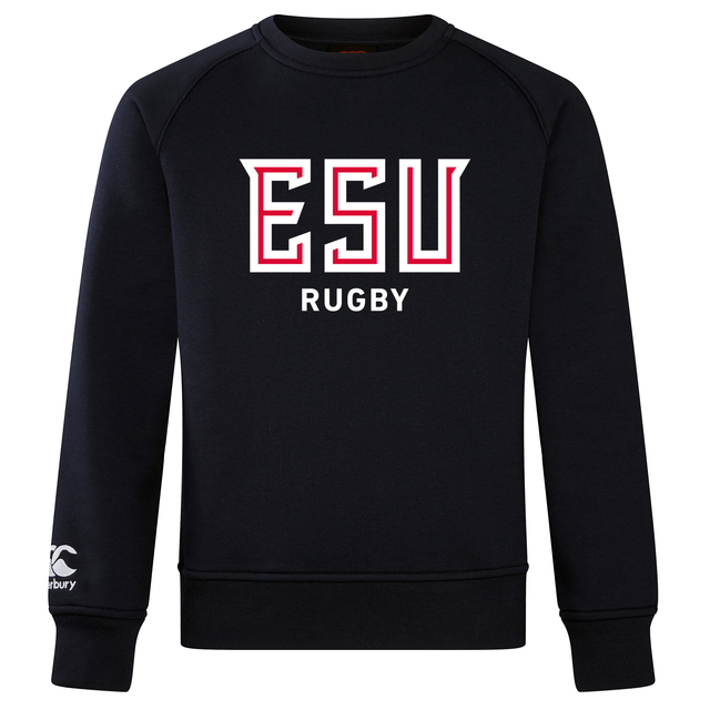 The East Stroudsburg University Club Crew Sweatshirt by WRS Canterbury is a black ultra soft sweatshirt featuring "ESU RUGBY" in bold white and red on the front and a small Canterbury logo on the left sleeve.