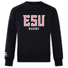 The East Stroudsburg University Club Crew Sweatshirt by WRS Canterbury is a black ultra soft sweatshirt featuring "ESU RUGBY" in bold white and red on the front and a small Canterbury logo on the left sleeve.